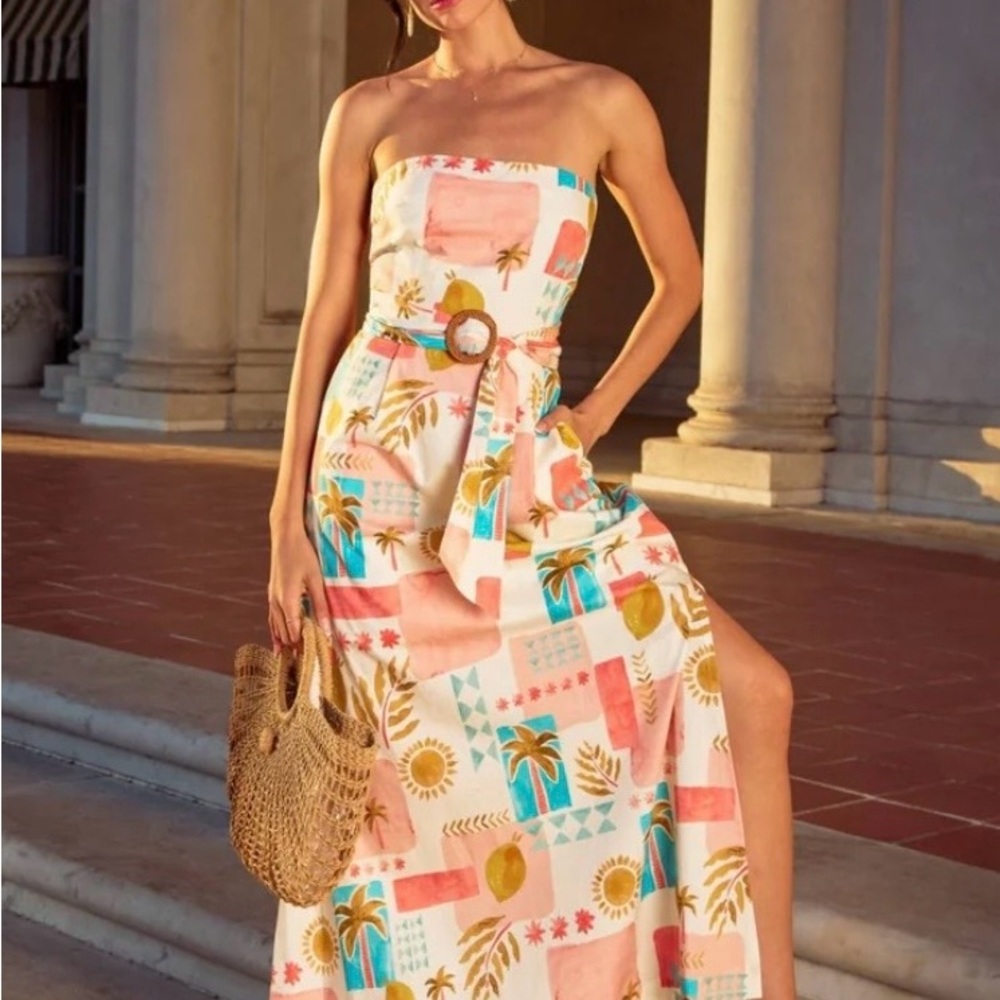 ISH Strapless Maxi Dress in Pink, Teal and Gold Tropical Print